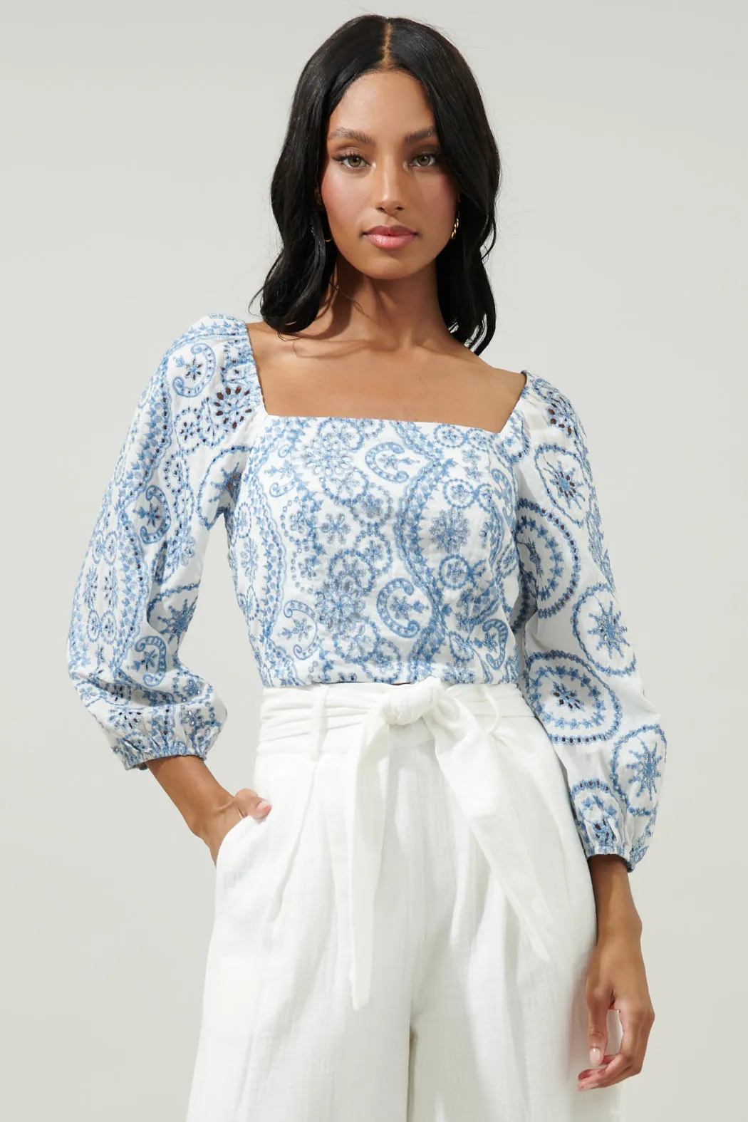 Adelaide Border Print Eyelet Square Neck Blouse