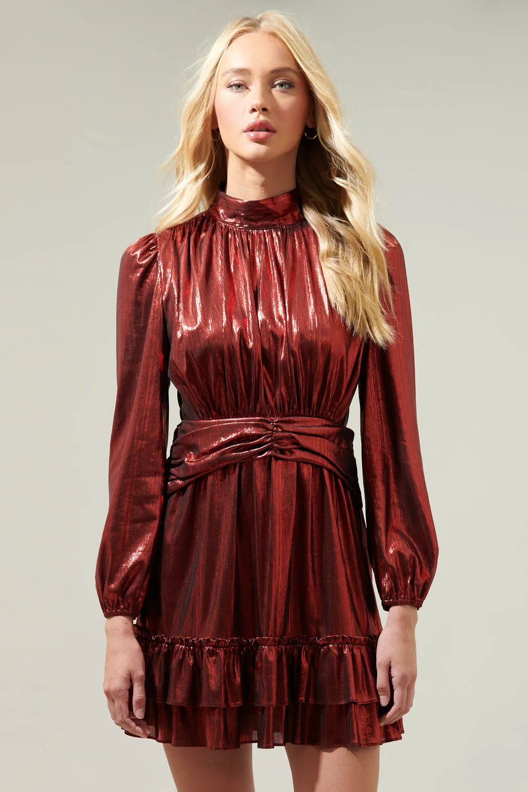 Admired Liquid Satin Shirred Ruffle Dress