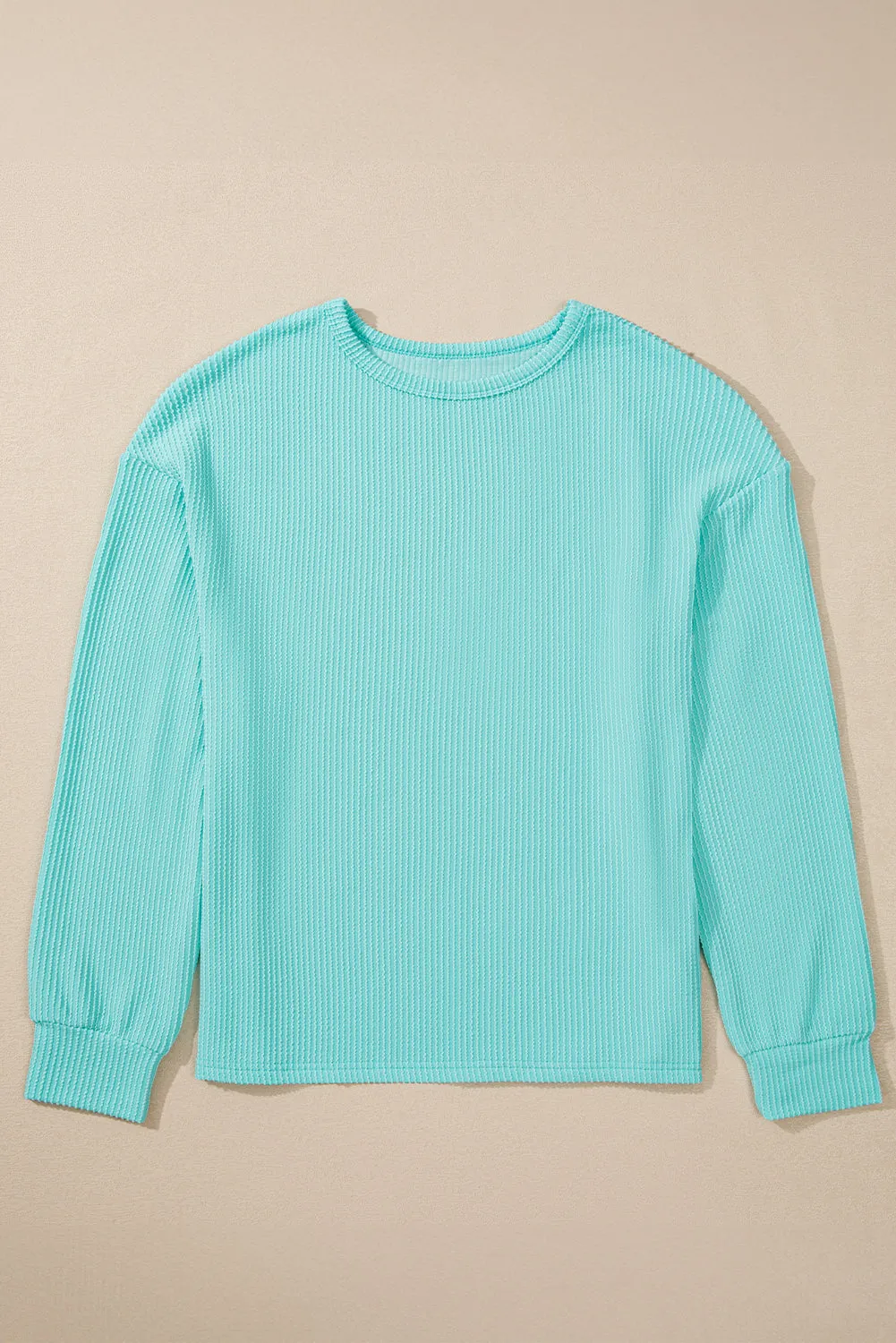 Aruba Blue Solid Color Corded Knit Round Neck Top