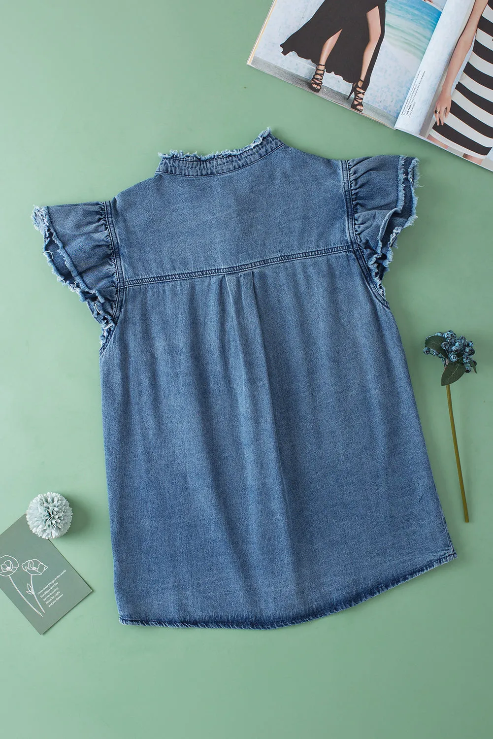 Ashleigh Blue Button Front Ruffled Flutter Frayed Denim Top