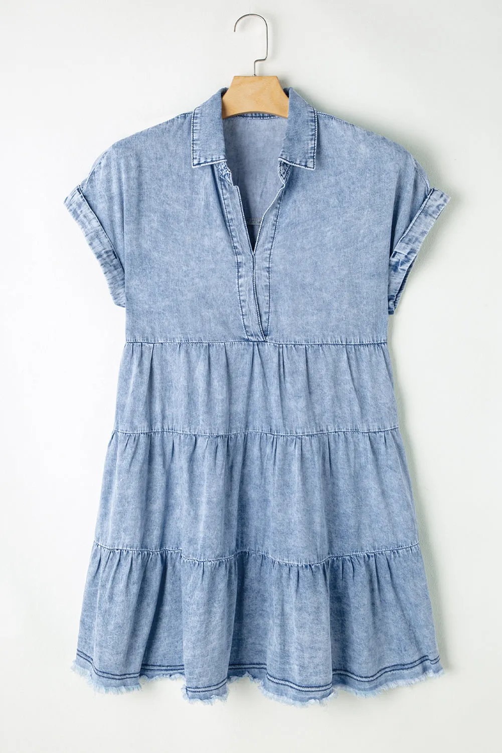 Beau Blue Acid Wash V Neck Tiered Denim Dress