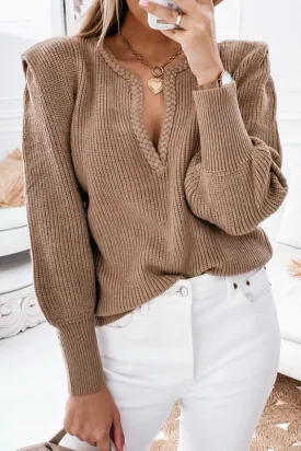 BerryBetty - Brown Braided Notched V Neckline Puff Sleeve Knitted Long Sleeve Top Sweater