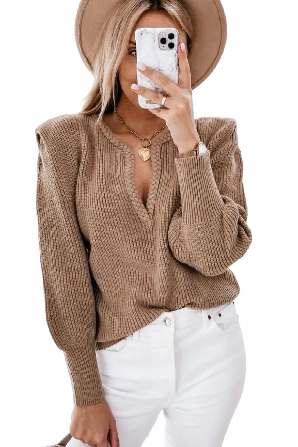 BerryBetty - Brown Braided Notched V Neckline Puff Sleeve Knitted Long Sleeve Top Sweater