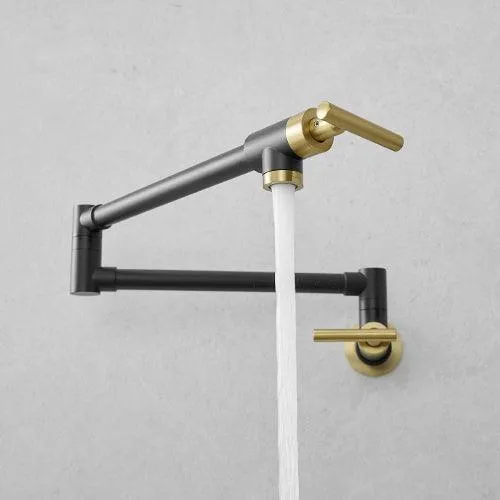 Black & Gold Brass Pot Filler Faucet, Wall-Mount, Retractable, Single Hole, 2 Handles