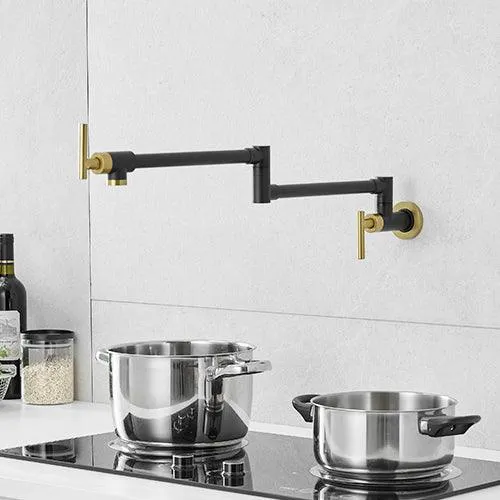 Black & Gold Brass Pot Filler Faucet, Wall-Mount, Retractable, Single Hole, 2 Handles