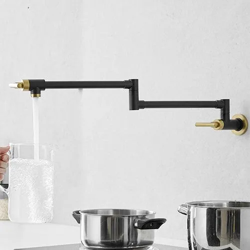 Black & Gold Brass Pot Filler Faucet, Wall-Mount, Retractable, Single Hole, 2 Handles