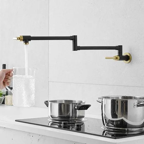 Black & Gold Brass Pot Filler Faucet, Wall-Mount, Retractable, Single Hole, 2 Handles