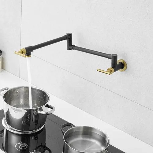 Black & Gold Brass Pot Filler Faucet, Wall-Mount, Retractable, Single Hole, 2 Handles