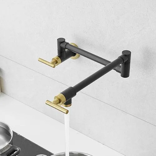 Black & Gold Brass Pot Filler Faucet, Wall-Mount, Retractable, Single Hole, 2 Handles