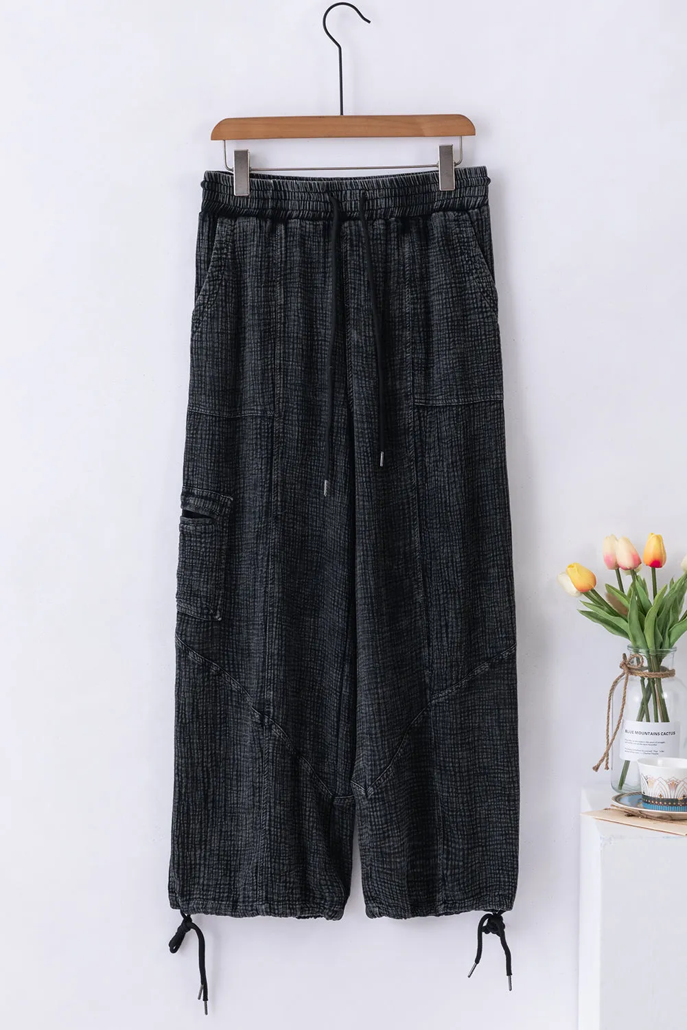 Black Mineral Wash Textured Drawstring Wide Leg Pants