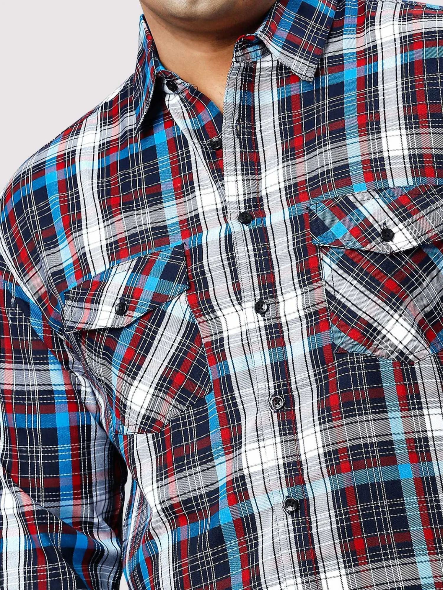 Blue and Red Checkered Double Pocket Full Shirt Men's Plus Size