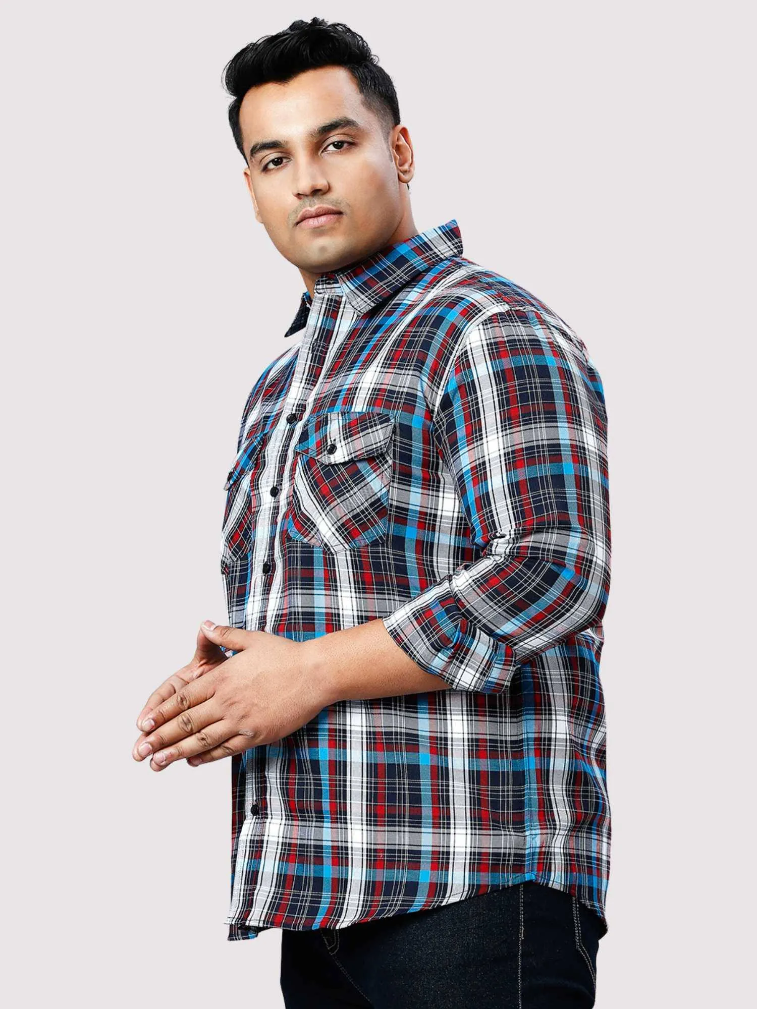 Blue and Red Checkered Double Pocket Full Shirt Men's Plus Size