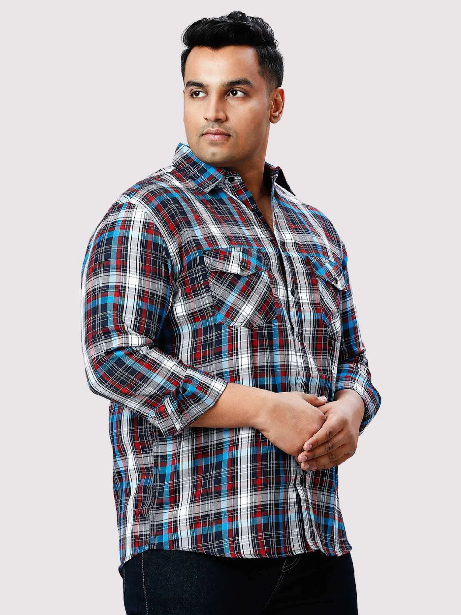 Blue and Red Checkered Double Pocket Full Shirt Men's Plus Size