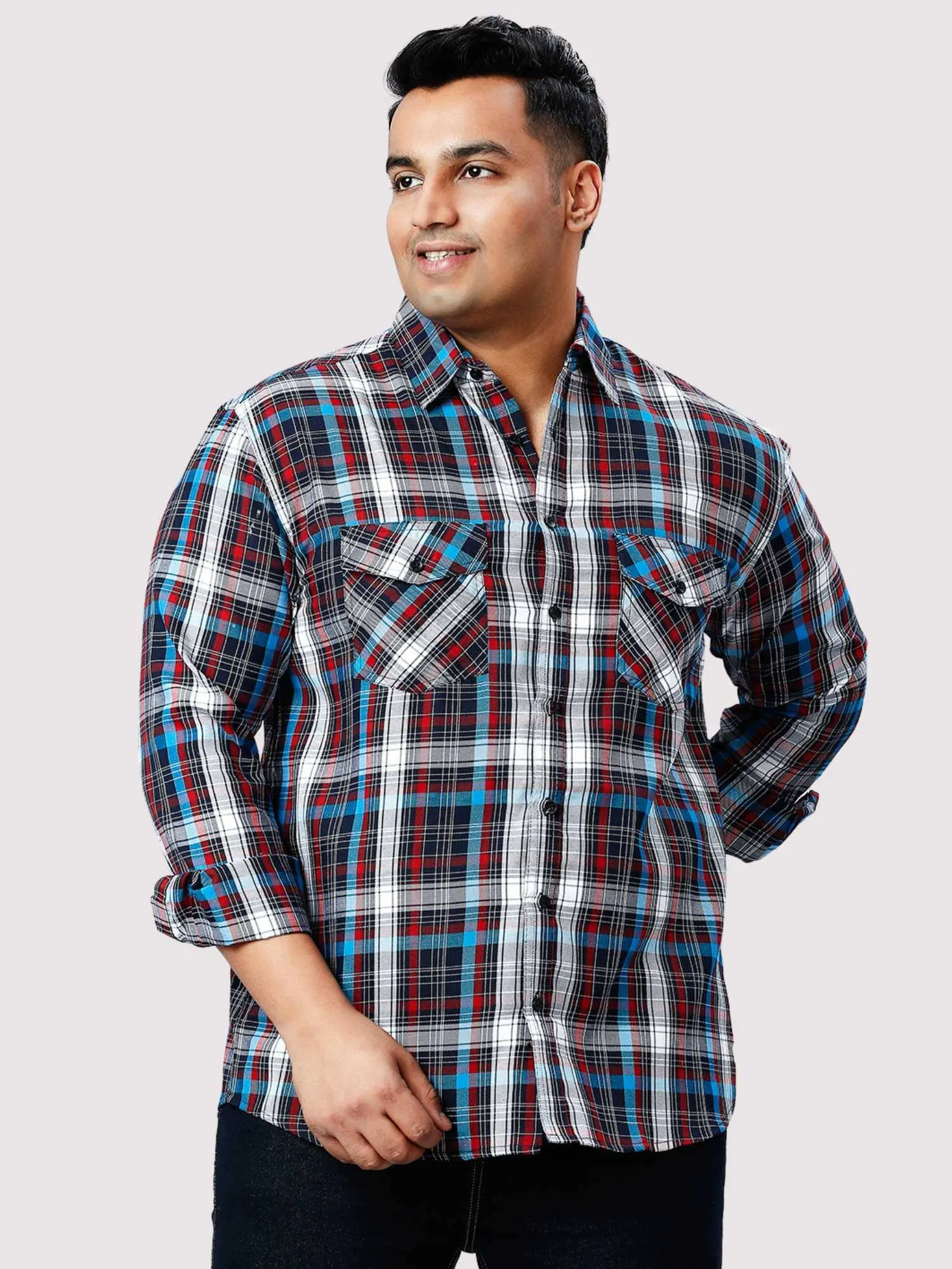 Blue and Red Checkered Double Pocket Full Shirt Men's Plus Size