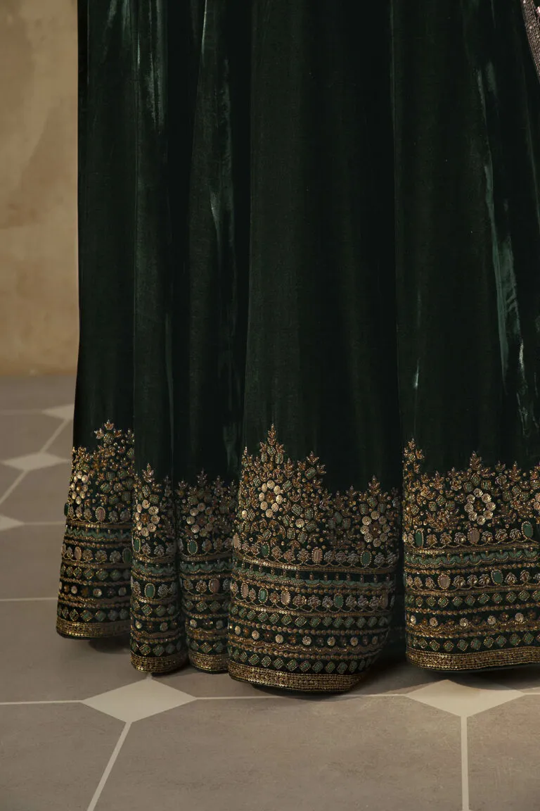 Bottle Green Velvet Embroidered Anarkali