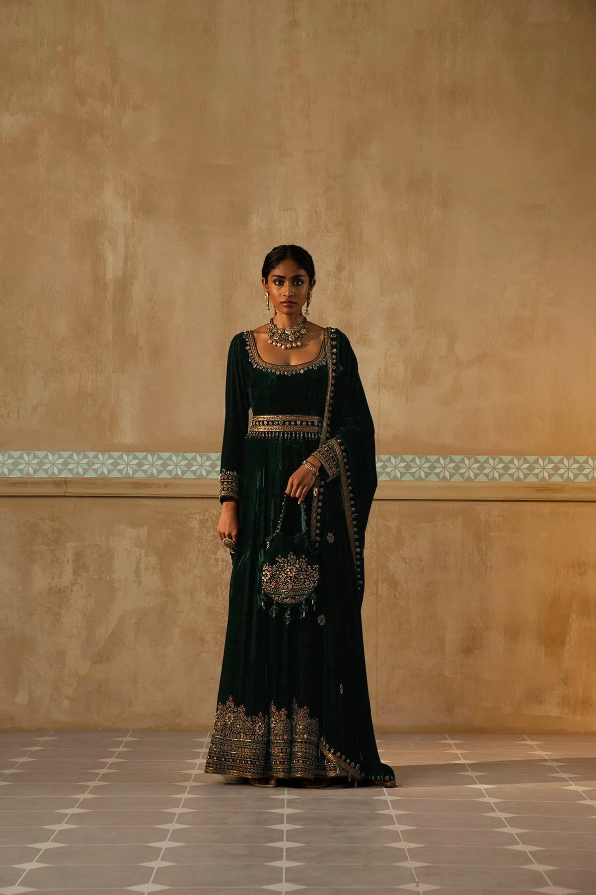 Bottle Green Velvet Embroidered Anarkali