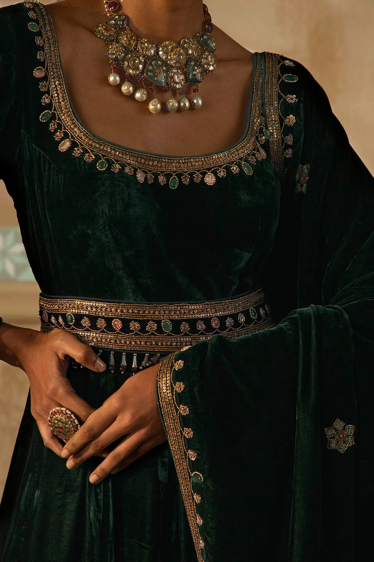 Bottle Green Velvet Embroidered Anarkali