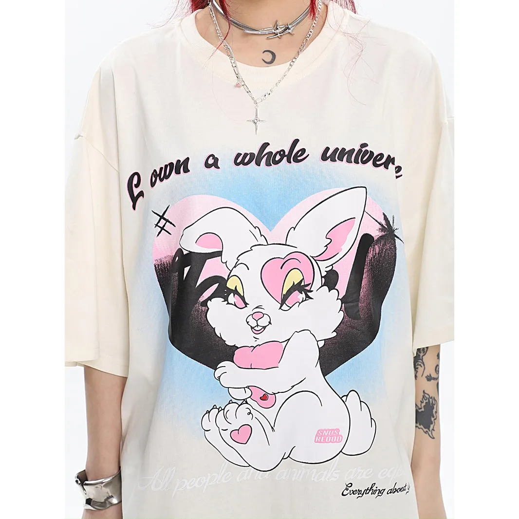 Bunny Graphic Image Print Round Neck Loose Solid Color T-shirt Top