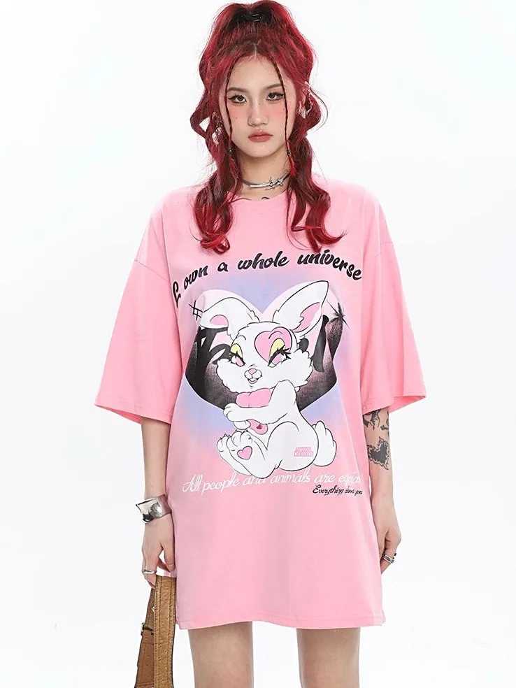 Bunny Graphic Image Print Round Neck Loose Solid Color T-shirt Top