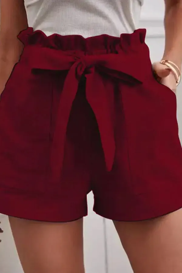 Casual Loose Solid Color Elastic Waist Tie Shorts