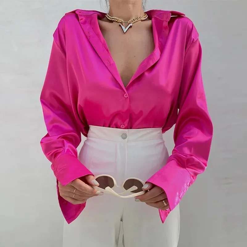 Casual Vintage Long Elegant 2023 Silk Sleeve Office Satin Up Button Loose Lady Top