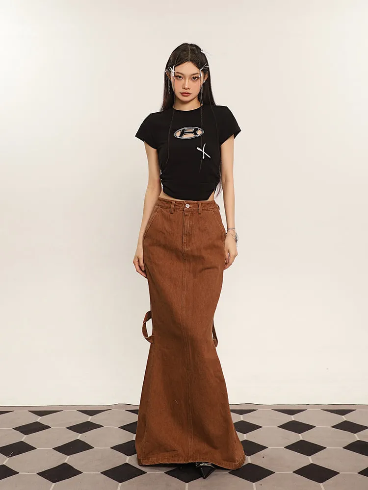 Cenza Solid Color Denim Brown High-rise Split Summer Fishtail Hip Skirt