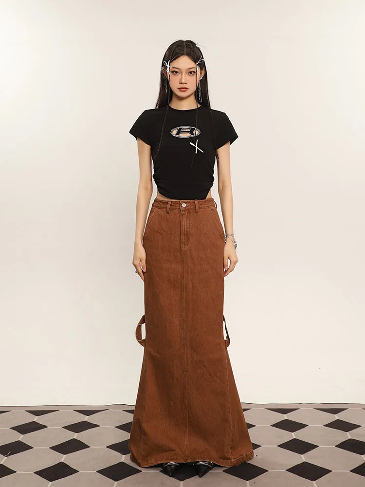 Cenza Solid Color Denim Brown High-rise Split Summer Fishtail Hip Skirt