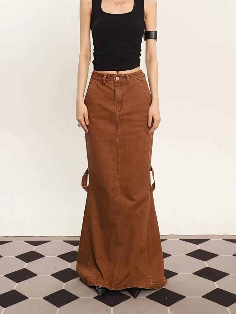 Cenza Solid Color Denim Brown High-rise Split Summer Fishtail Hip Skirt