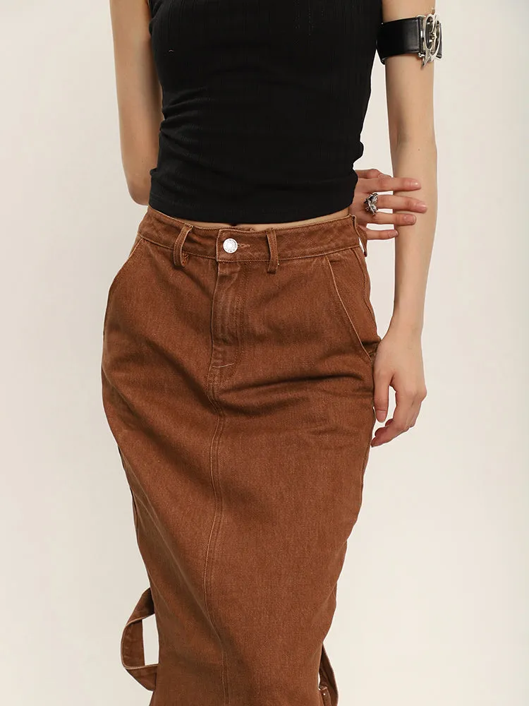 Cenza Solid Color Denim Brown High-rise Split Summer Fishtail Hip Skirt