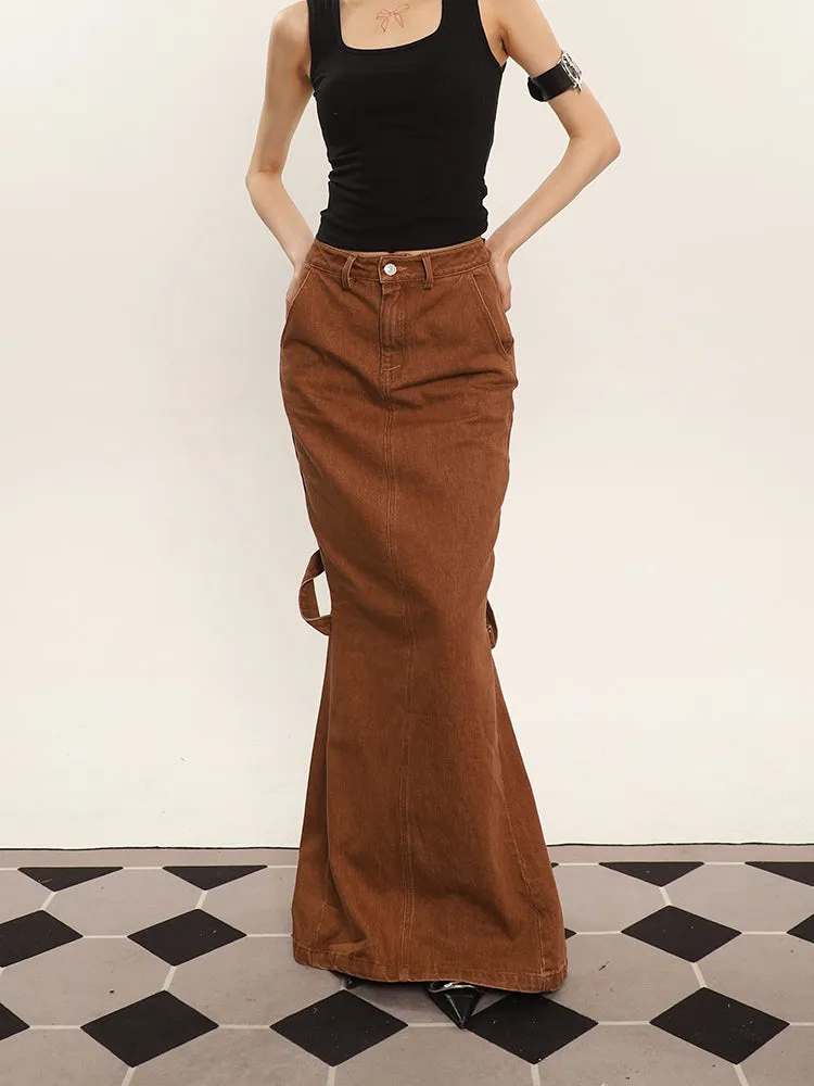 Cenza Solid Color Denim Brown High-rise Split Summer Fishtail Hip Skirt