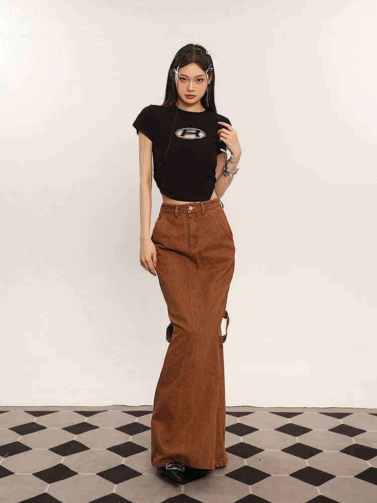 Cenza Solid Color Denim Brown High-rise Split Summer Fishtail Hip Skirt