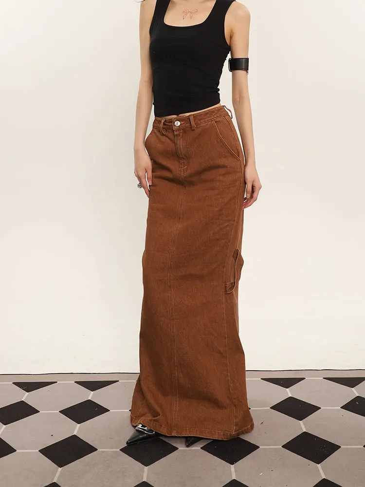 Cenza Solid Color Denim Brown High-rise Split Summer Fishtail Hip Skirt