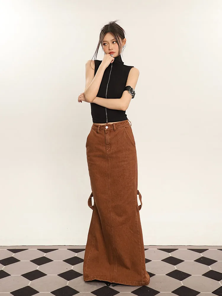 Cenza Solid Color Denim Brown High-rise Split Summer Fishtail Hip Skirt