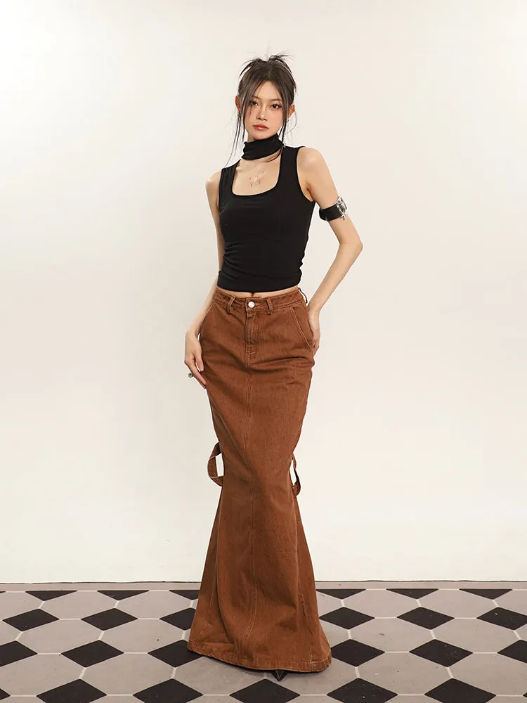 Cenza Solid Color Denim Brown High-rise Split Summer Fishtail Hip Skirt