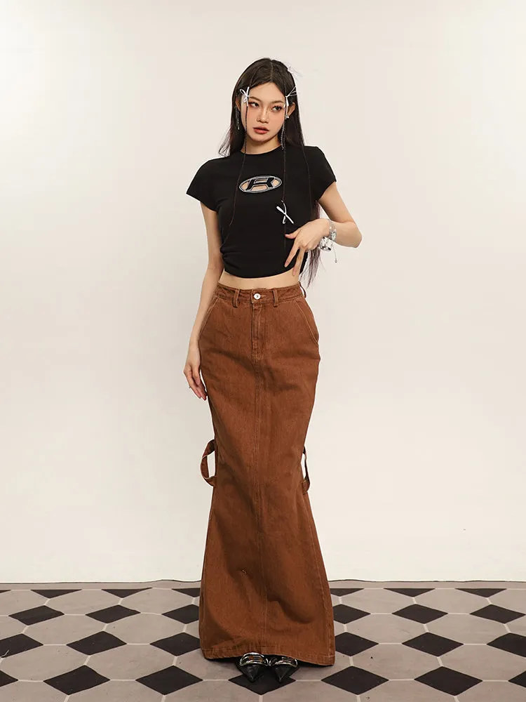 Cenza Solid Color Denim Brown High-rise Split Summer Fishtail Hip Skirt