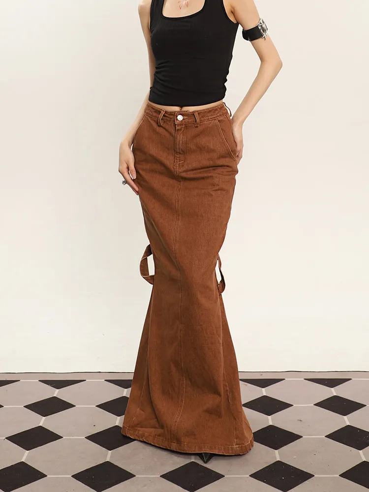 Cenza Solid Color Denim Brown High-rise Split Summer Fishtail Hip Skirt