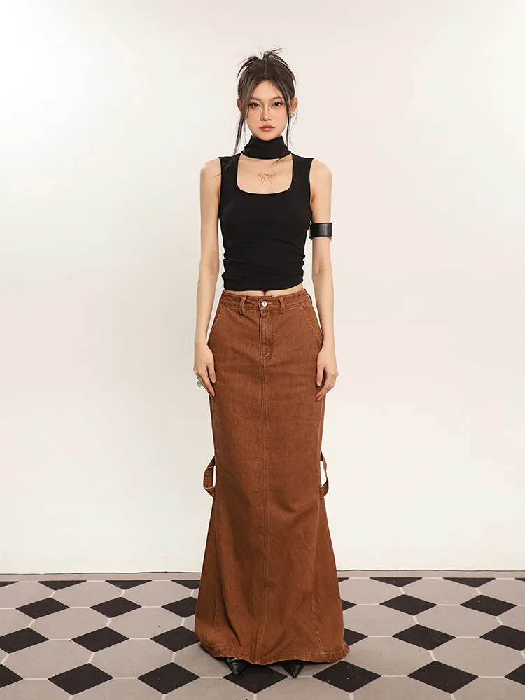 Cenza Solid Color Denim Brown High-rise Split Summer Fishtail Hip Skirt