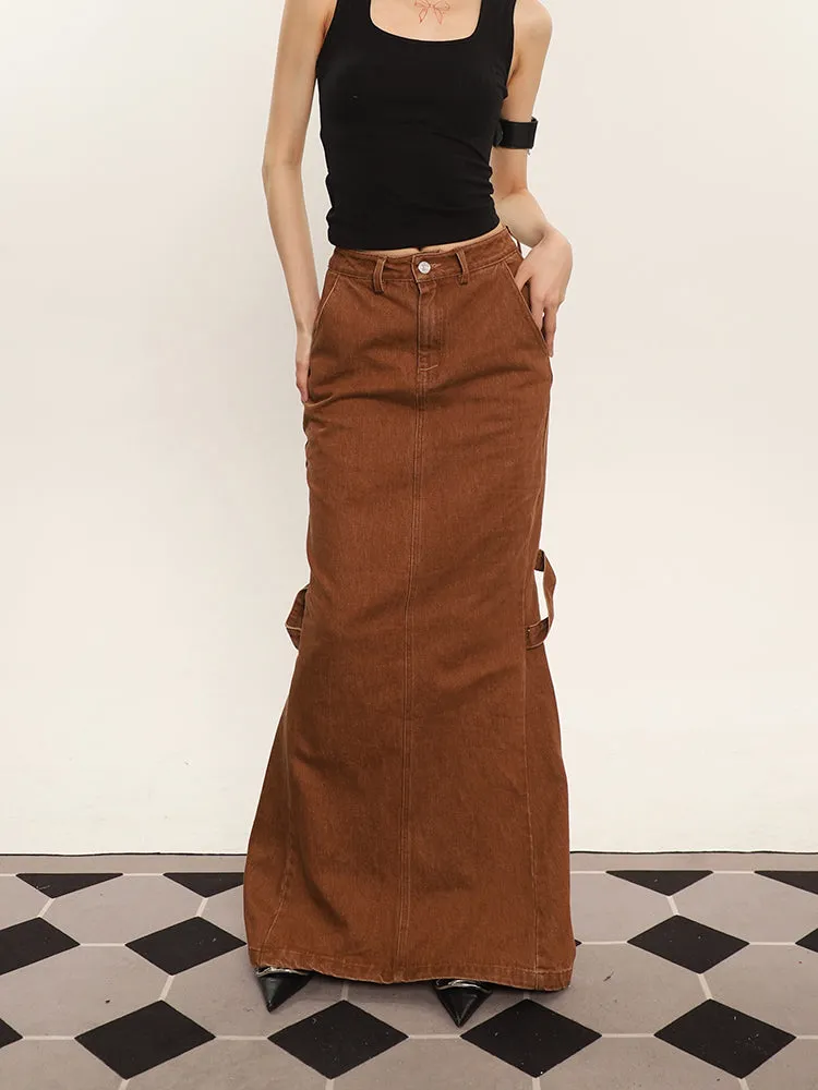 Cenza Solid Color Denim Brown High-rise Split Summer Fishtail Hip Skirt