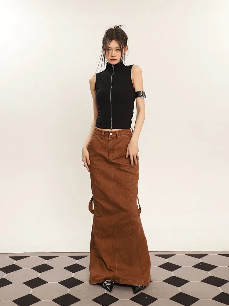 Cenza Solid Color Denim Brown High-rise Split Summer Fishtail Hip Skirt