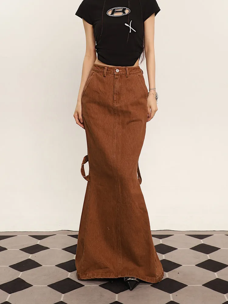 Cenza Solid Color Denim Brown High-rise Split Summer Fishtail Hip Skirt