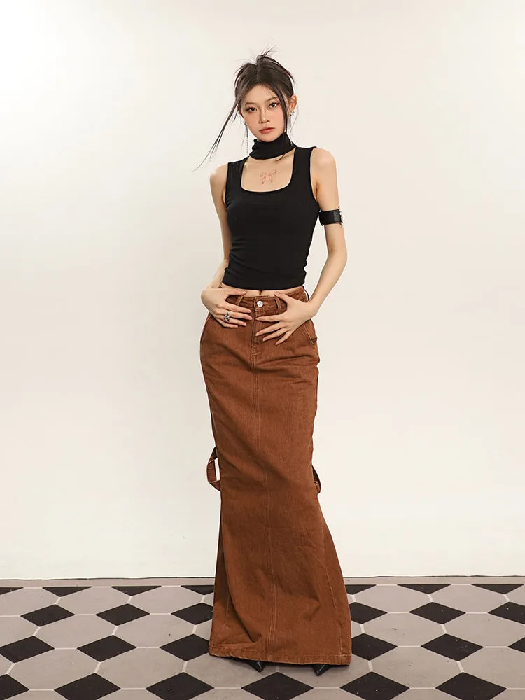 Cenza Solid Color Denim Brown High-rise Split Summer Fishtail Hip Skirt