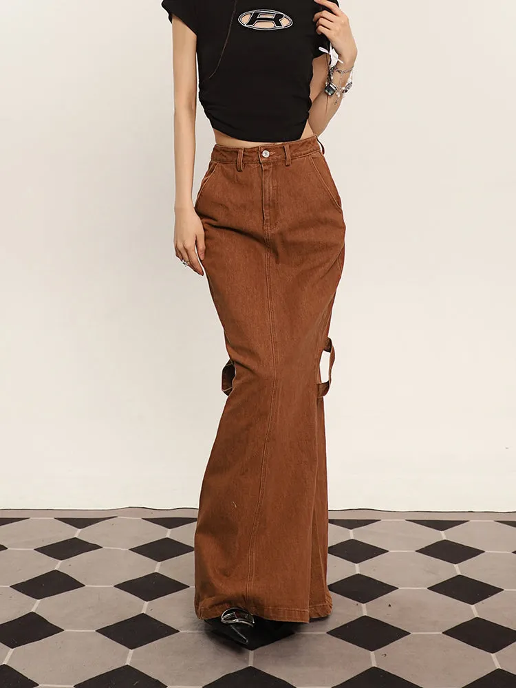 Cenza Solid Color Denim Brown High-rise Split Summer Fishtail Hip Skirt