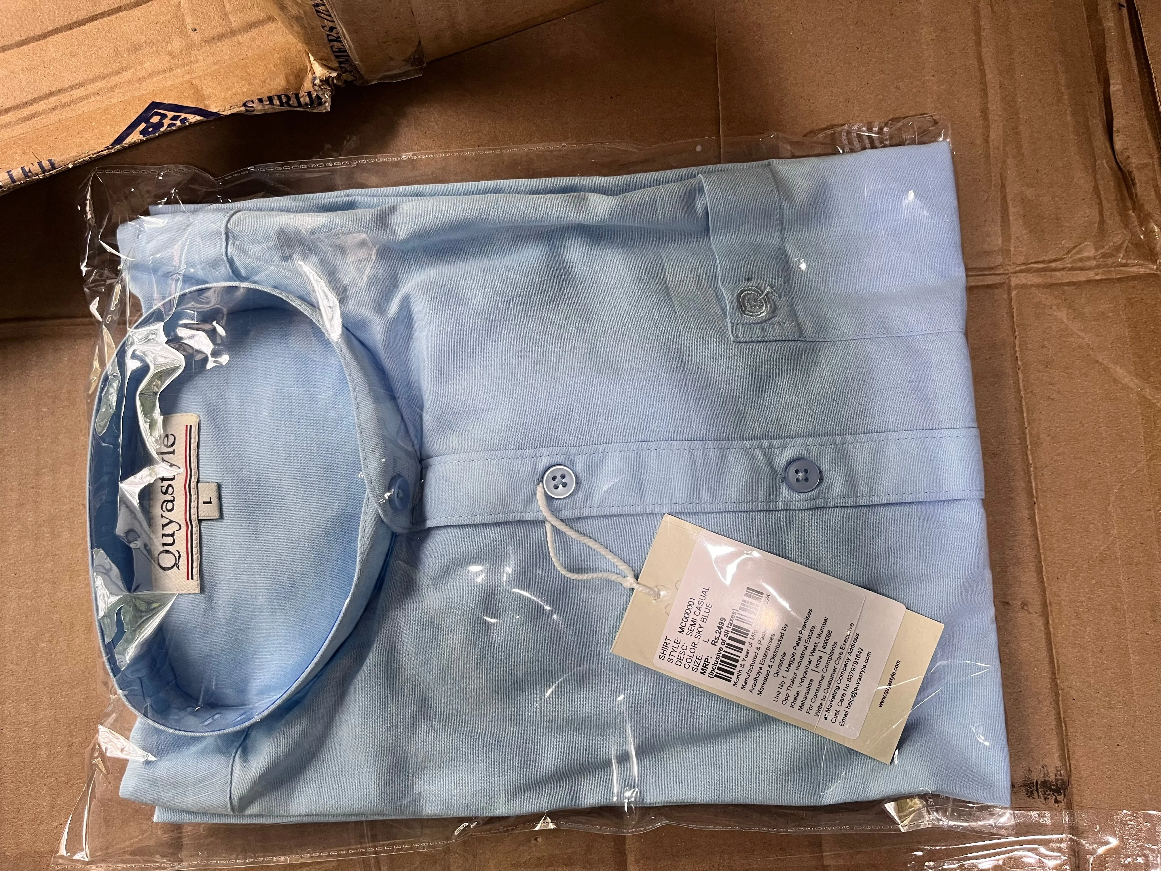 Chinese Collar Light Blue Slub Shirt