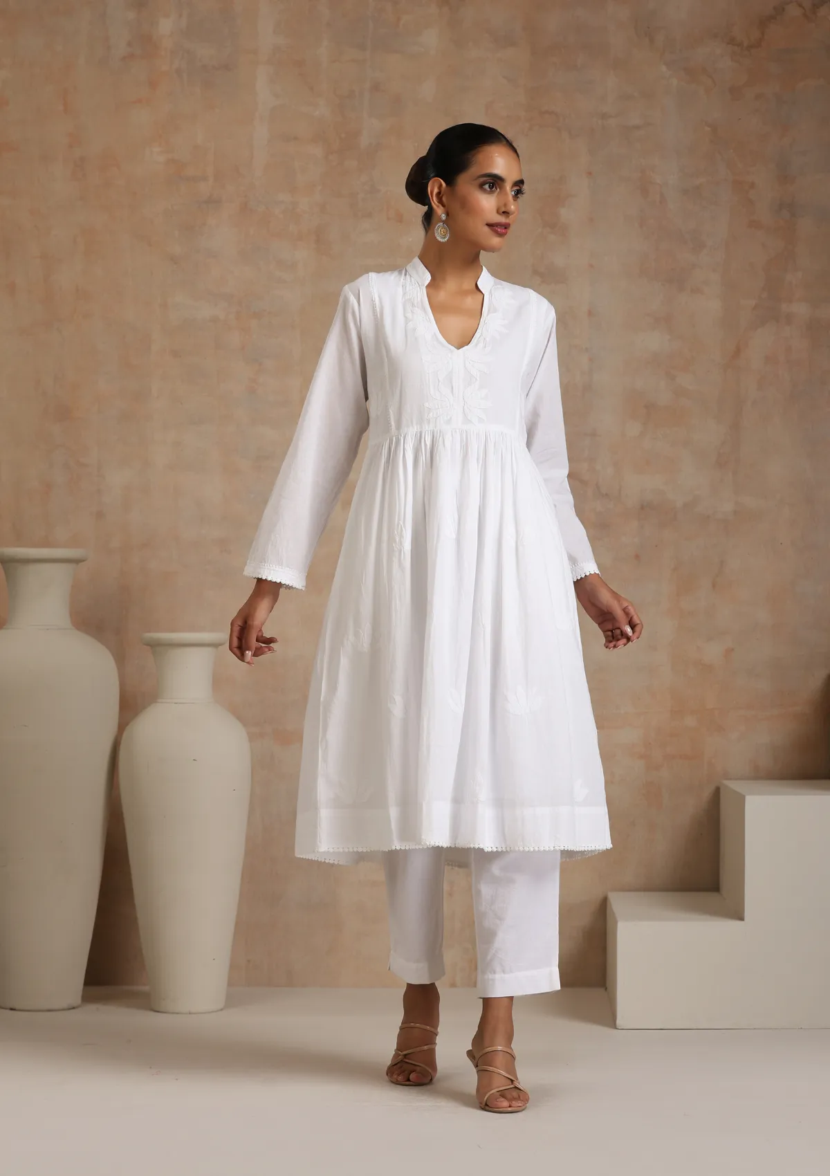 Cotton Chikankari Solid Women's Long Kurta - White