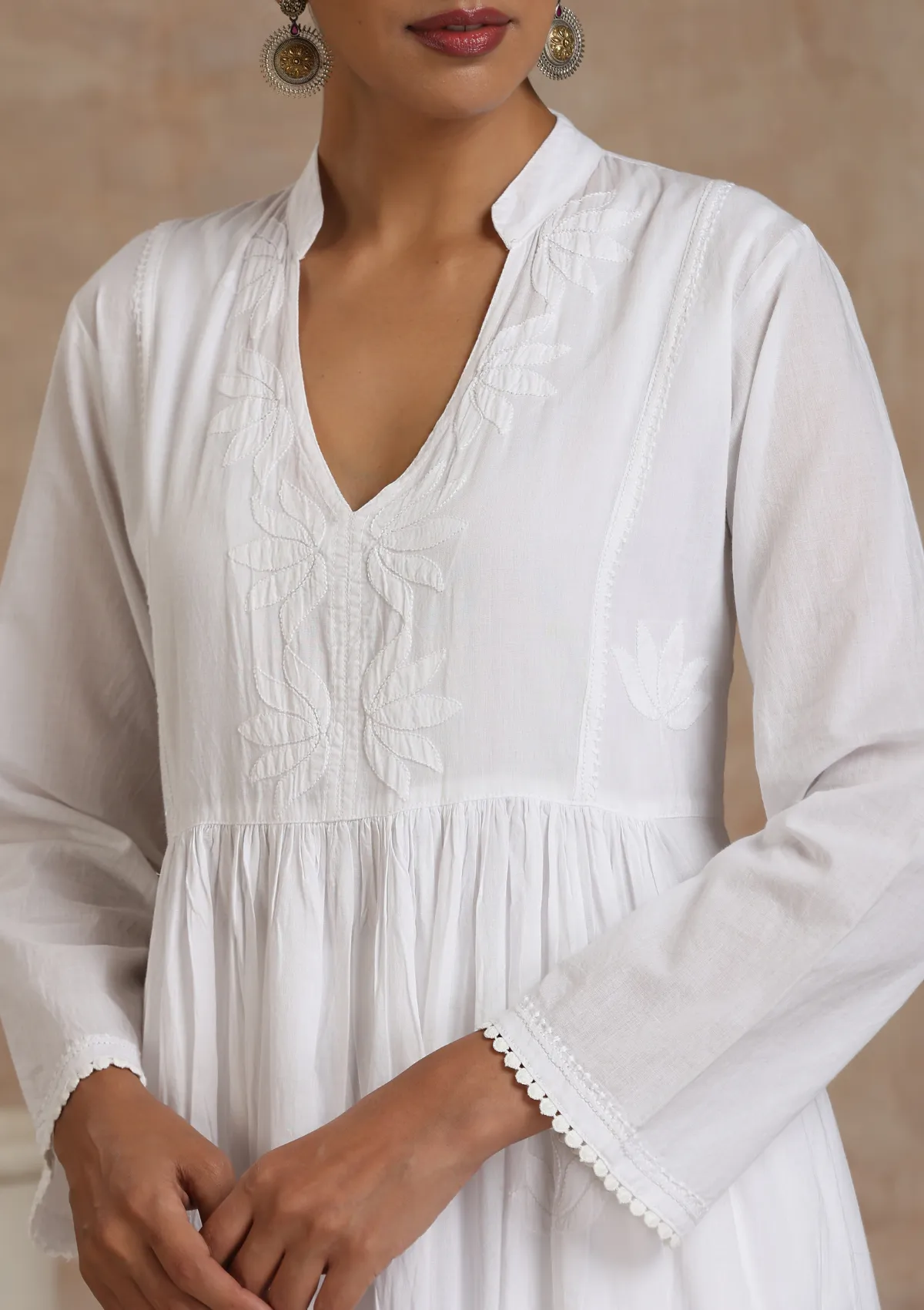 Cotton Chikankari Solid Women's Long Kurta - White