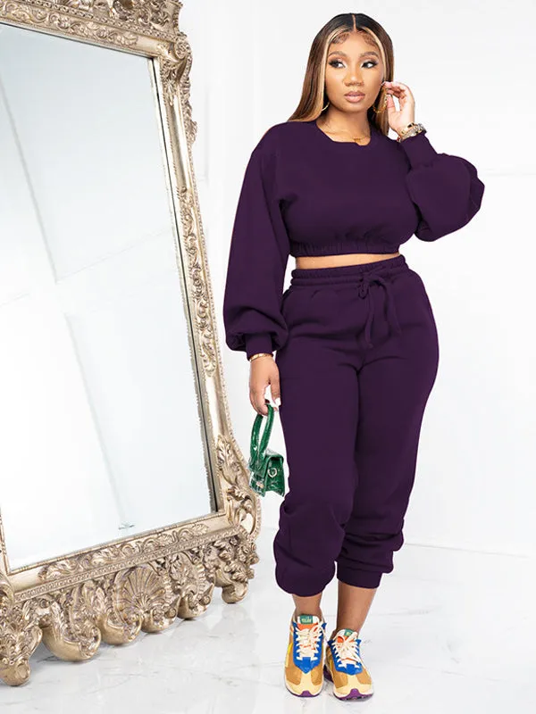 Crew Neck Loose Fit Basic Solid Color Sweatshirt Set