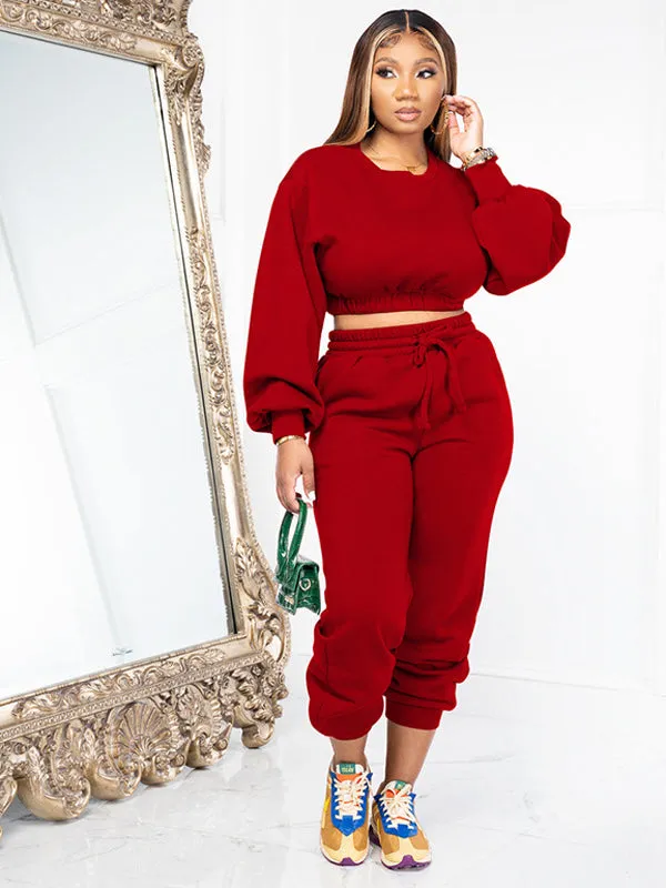 Crew Neck Loose Fit Basic Solid Color Sweatshirt Set