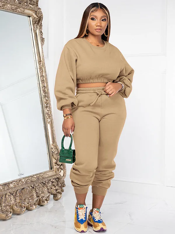 Crew Neck Loose Fit Basic Solid Color Sweatshirt Set