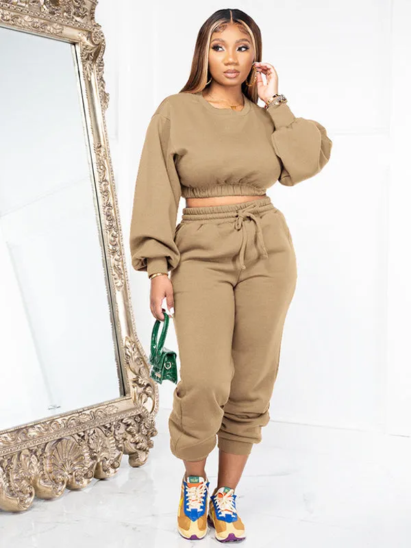 Crew Neck Loose Fit Basic Solid Color Sweatshirt Set