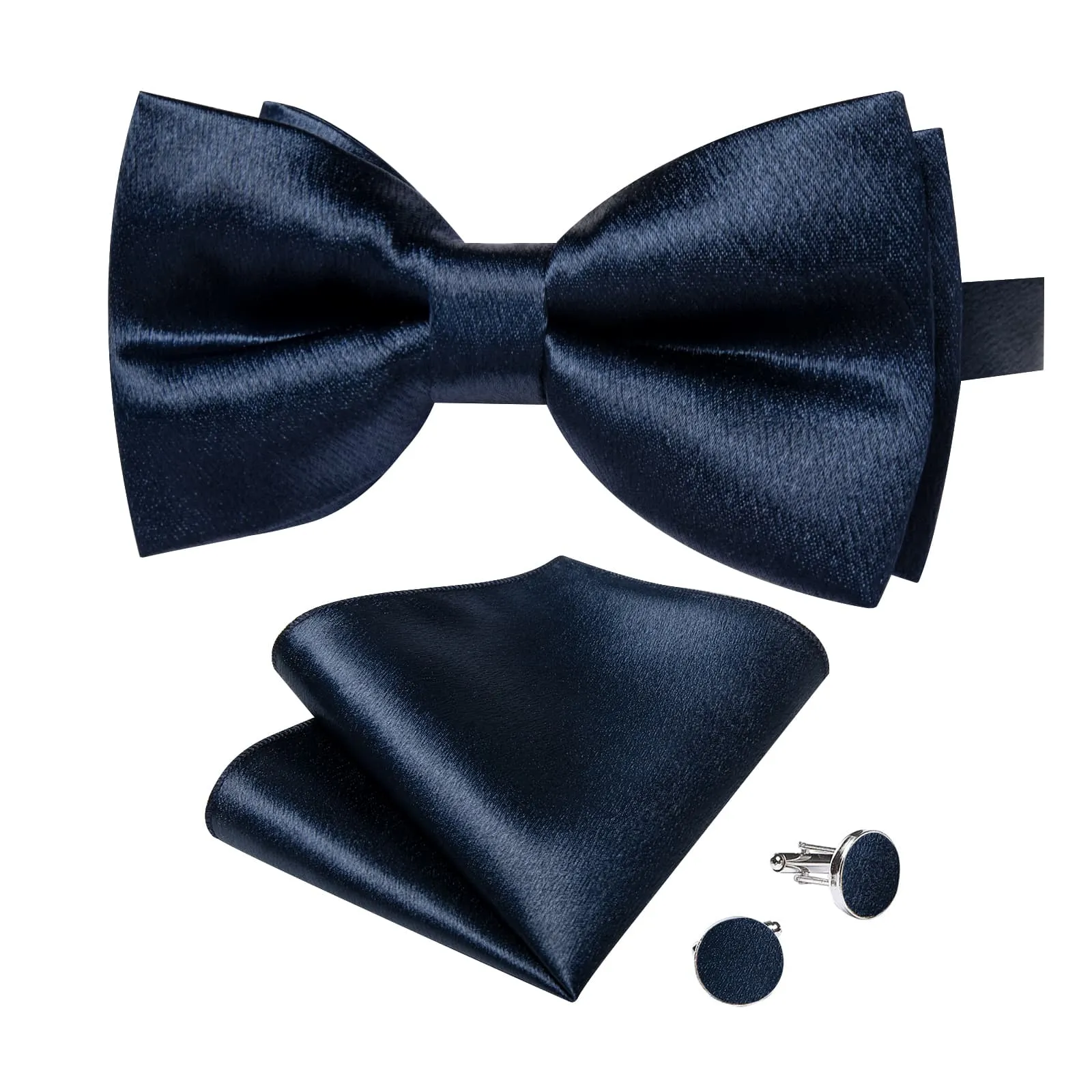 DiBanGu Silk Bow Tie Shining Denim Blue Solid Mens Pre-Tied Bowtie Handkerchief Cufflinks Set